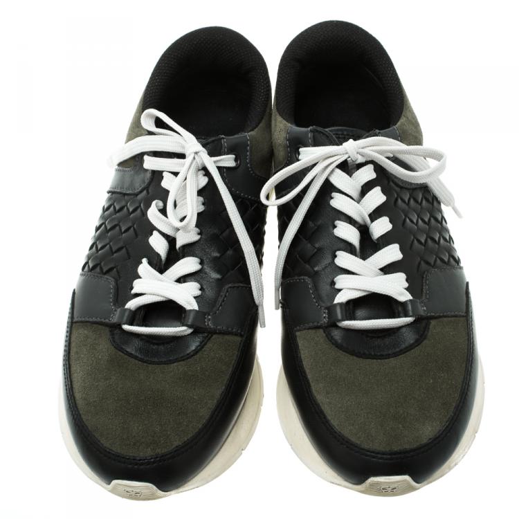 Pre Owned Bottega Veneta Black Intrecciato Leather and Green Suede Sneakers Size 40