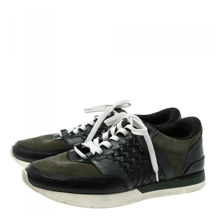 Pre Owned Bottega Veneta Black Intrecciato Leather and Green Suede Sneakers Size 40