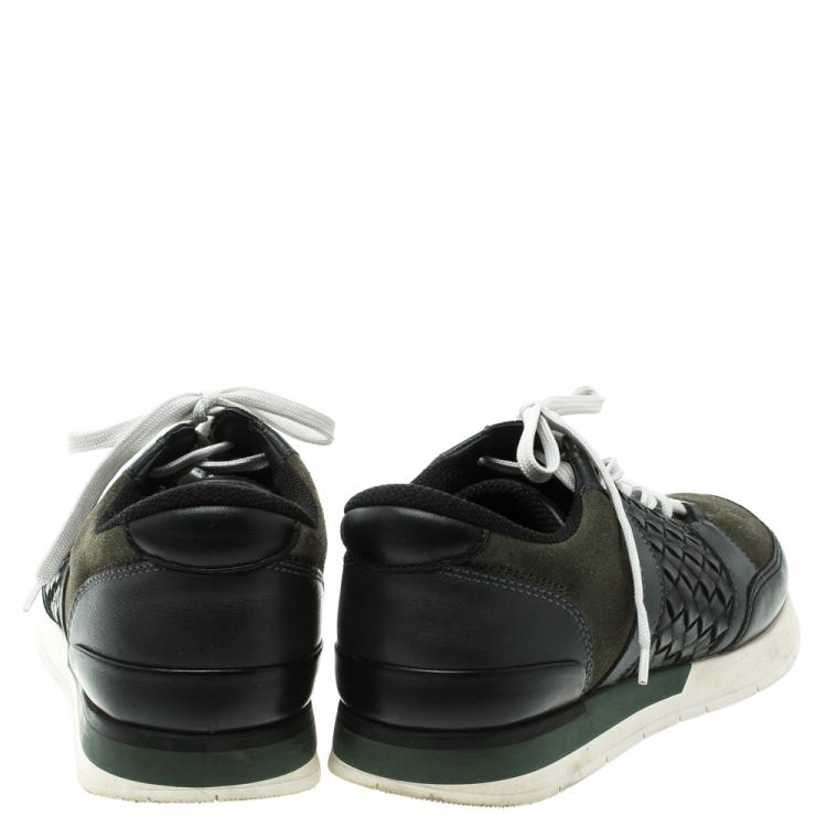 Pre Owned Bottega Veneta Black Intrecciato Leather and Green Suede Sneakers Size 40