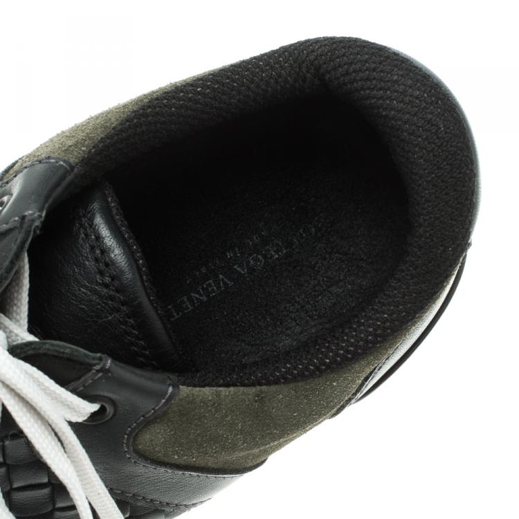 Pre Owned Bottega Veneta Black Intrecciato Leather and Green Suede Sneakers Size 40