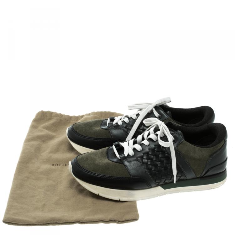 Pre Owned Bottega Veneta Black Intrecciato Leather and Green Suede Sneakers Size 40
