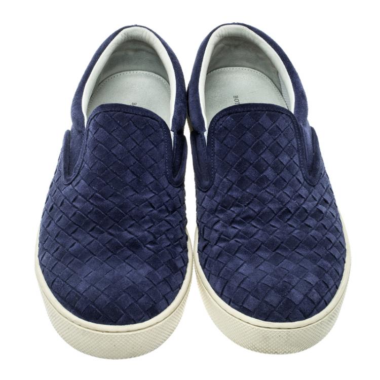 Pre Owned Bottega Veneta Blue Intrecciato Suede Slip On Sneakers Size 41.5