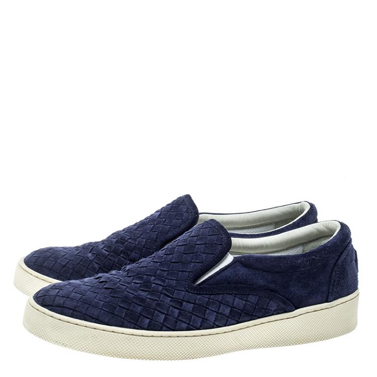 Pre Owned Bottega Veneta Blue Intrecciato Suede Slip On Sneakers Size 41.5