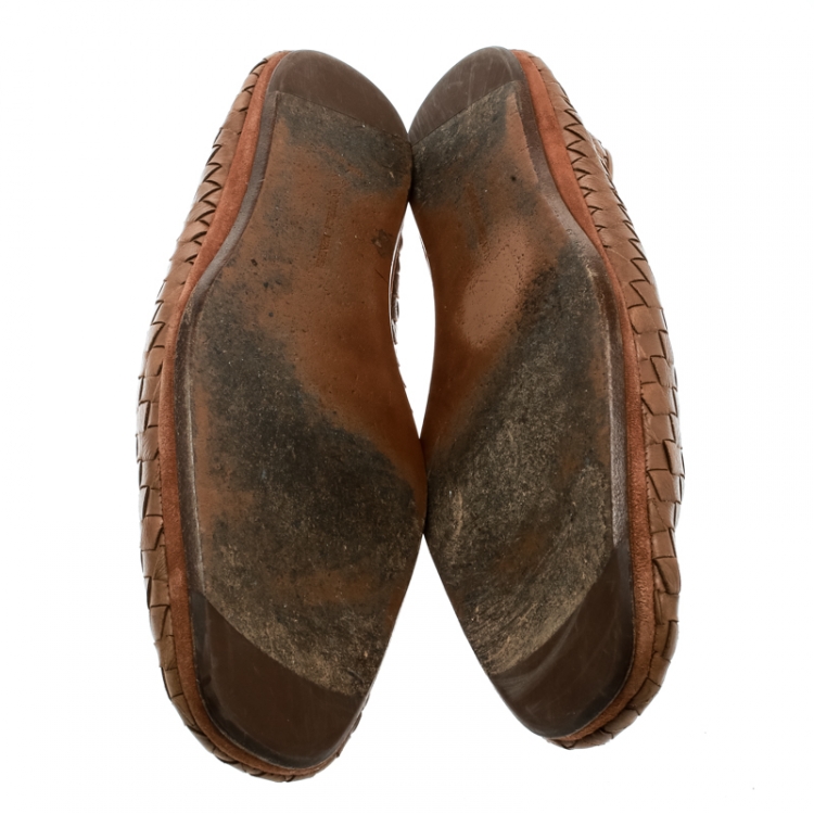 Pre Owned Bottega Veneta Dark Beige Intrecciato Leather Loafers Size 43