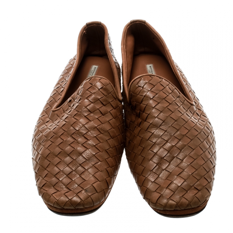 Pre Owned Bottega Veneta Dark Beige Intrecciato Leather Loafers Size 43