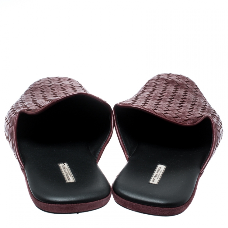 Pre Owned Bottega Veneta Burgundy Intrecciato Leather Espresso Fiandra Mules Size 43