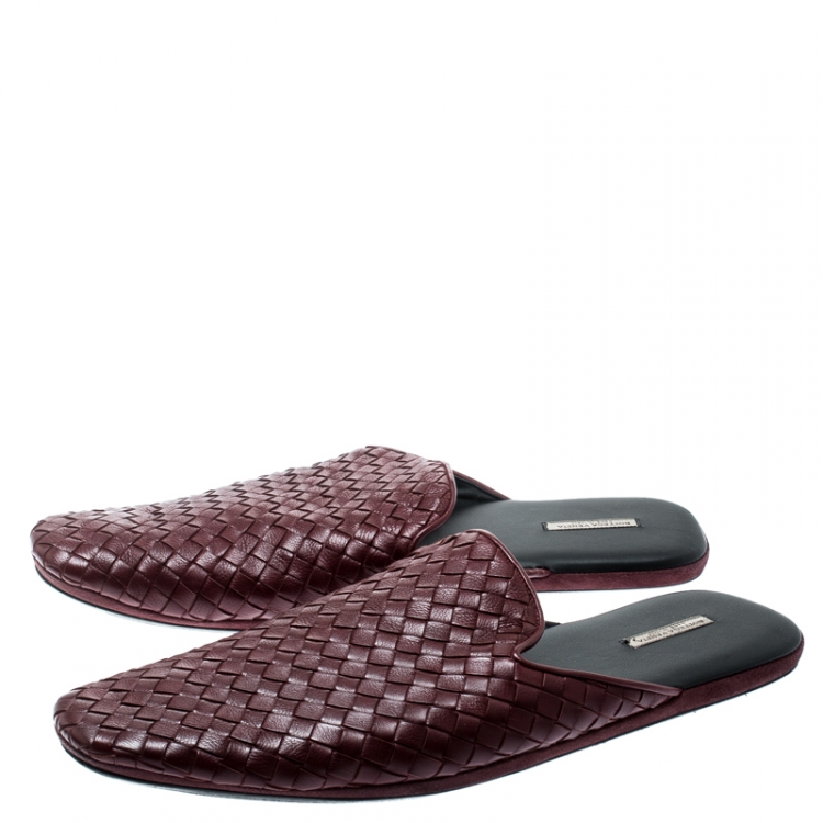 Pre Owned Bottega Veneta Burgundy Intrecciato Leather Espresso Fiandra Mules Size 43