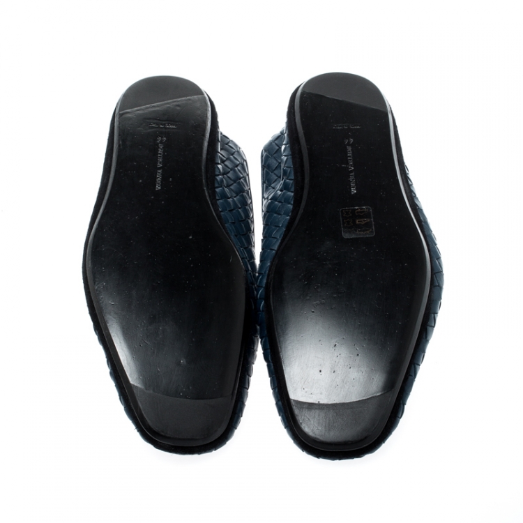 Pre Owned Bottega Veneta Blue Intrecciato Leather Smoking Slippers Size 44