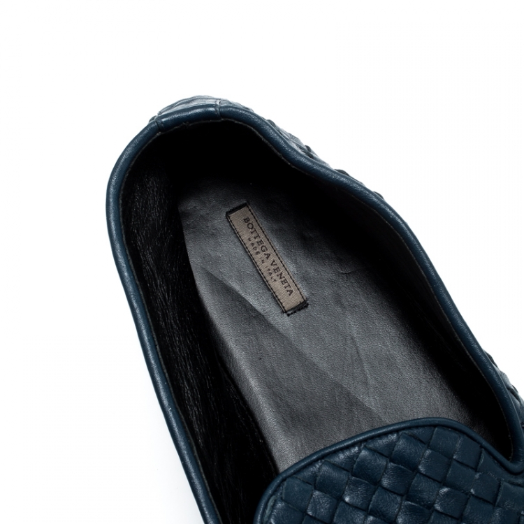 Pre Owned Bottega Veneta Blue Intrecciato Leather Smoking Slippers Size 44