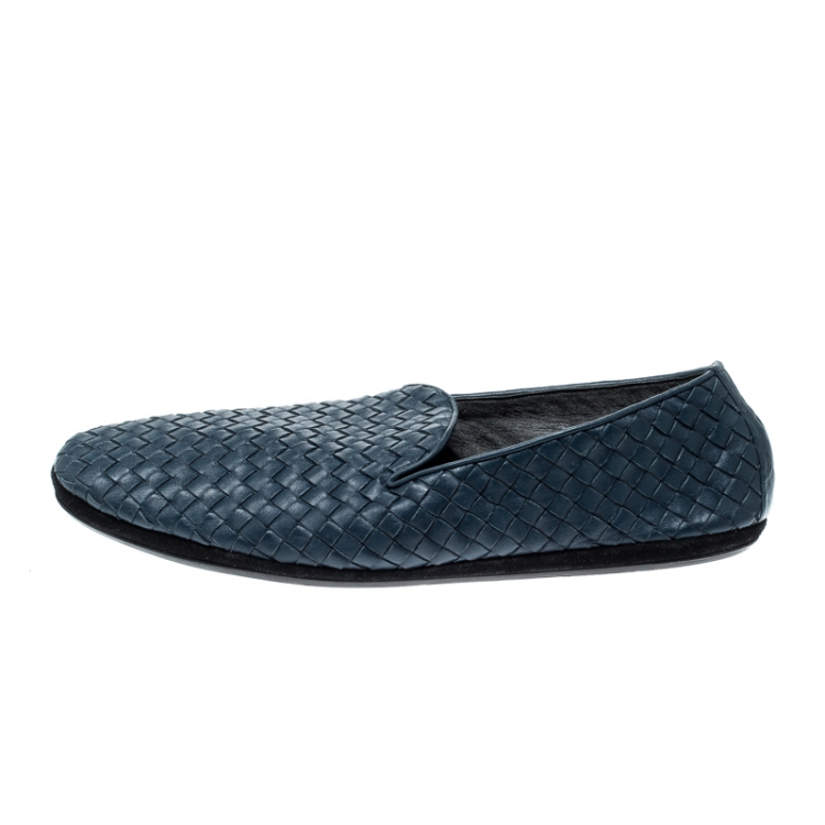 Pre Owned Bottega Veneta Blue Intrecciato Leather Smoking Slippers Size 44