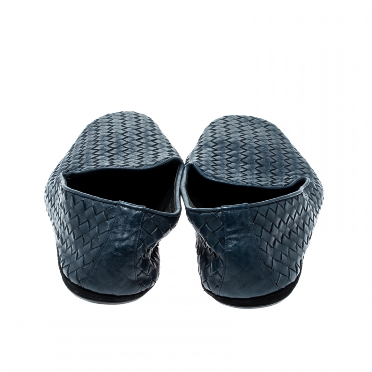 Pre Owned Bottega Veneta Blue Intrecciato Leather Smoking Slippers Size 44