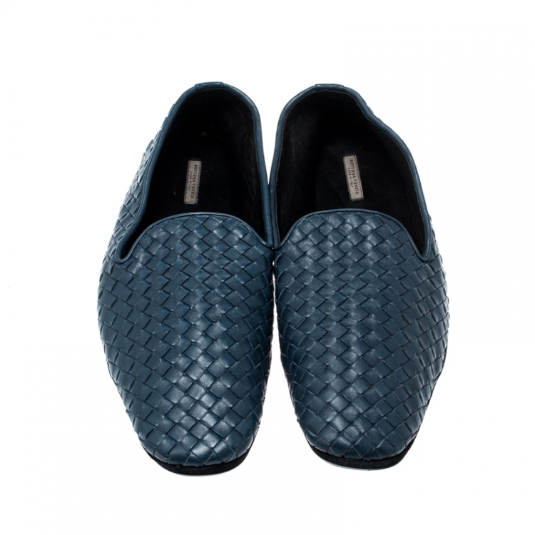 Pre Owned Bottega Veneta Blue Intrecciato Leather Smoking Slippers Size 44
