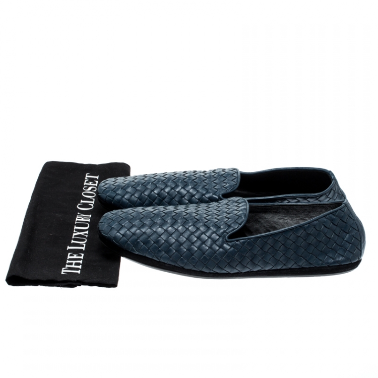Pre Owned Bottega Veneta Blue Intrecciato Leather Smoking Slippers Size 44