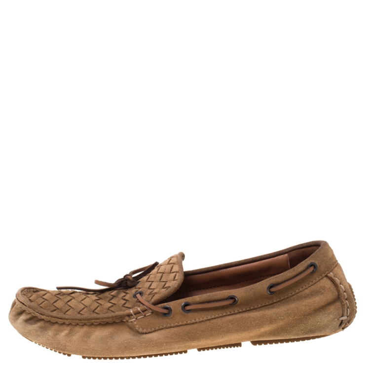 Pre Owned Bottega Veneta Brown Intrecciato Suede Bow Slip On Loafers Size 44