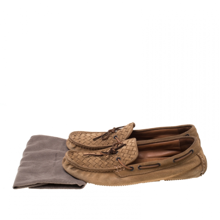 Pre Owned Bottega Veneta Brown Intrecciato Suede Bow Slip On Loafers Size 44