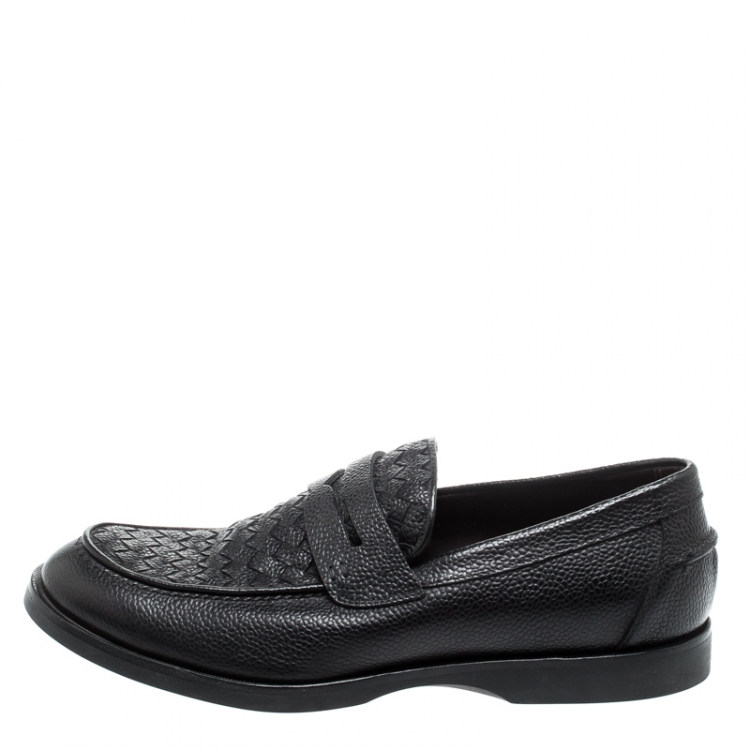 Pre Owned Bottega Veneta Black Intrecciato Leather Penny Loafers Size 42
