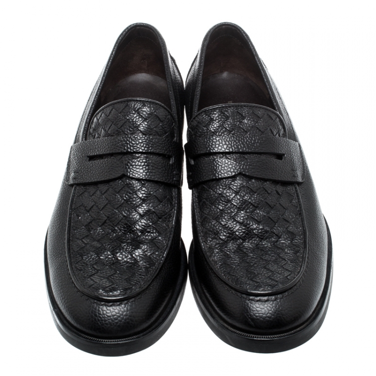 Pre Owned Bottega Veneta Black Intrecciato Leather Penny Loafers Size 42