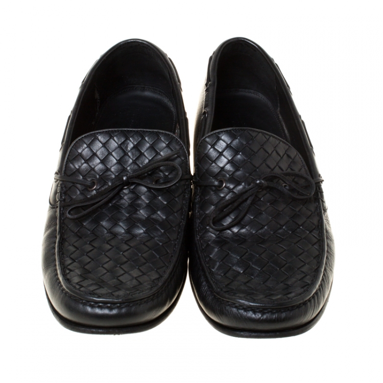 Pre Owned Bottega Veneta Black Intrecciato Leather Panel Loafers Size 46