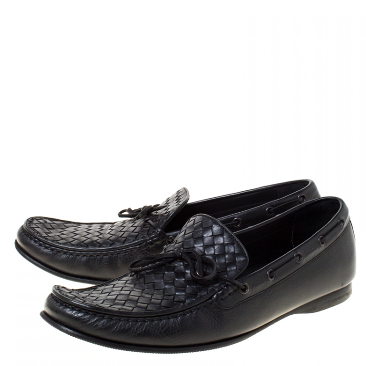 Pre Owned Bottega Veneta Black Intrecciato Leather Panel Loafers Size 46