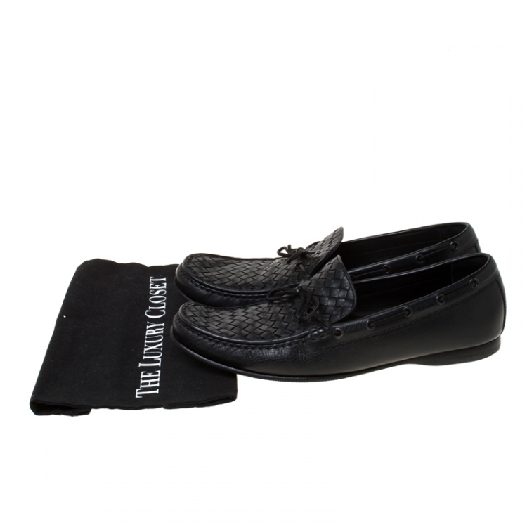 Pre Owned Bottega Veneta Black Intrecciato Leather Panel Loafers Size 46