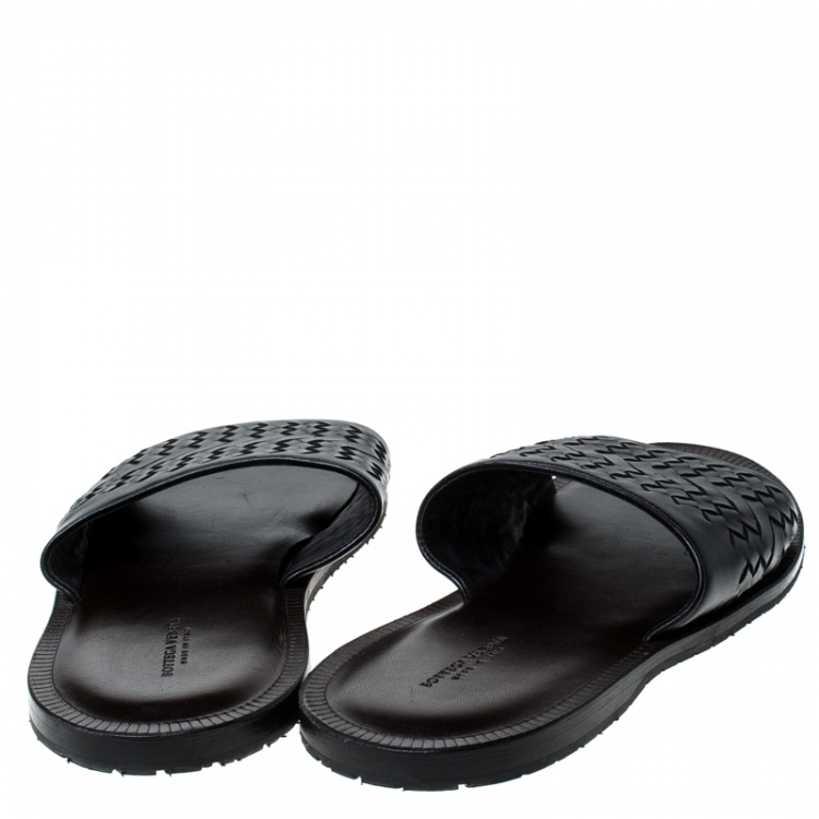 Pre Owned Bottega Veneta Black Intrecciato Leather Slide Sandals Size 45