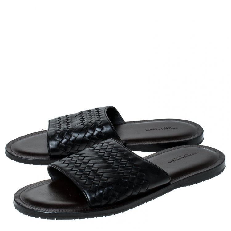 Pre Owned Bottega Veneta Black Intrecciato Leather Slide Sandals Size 45