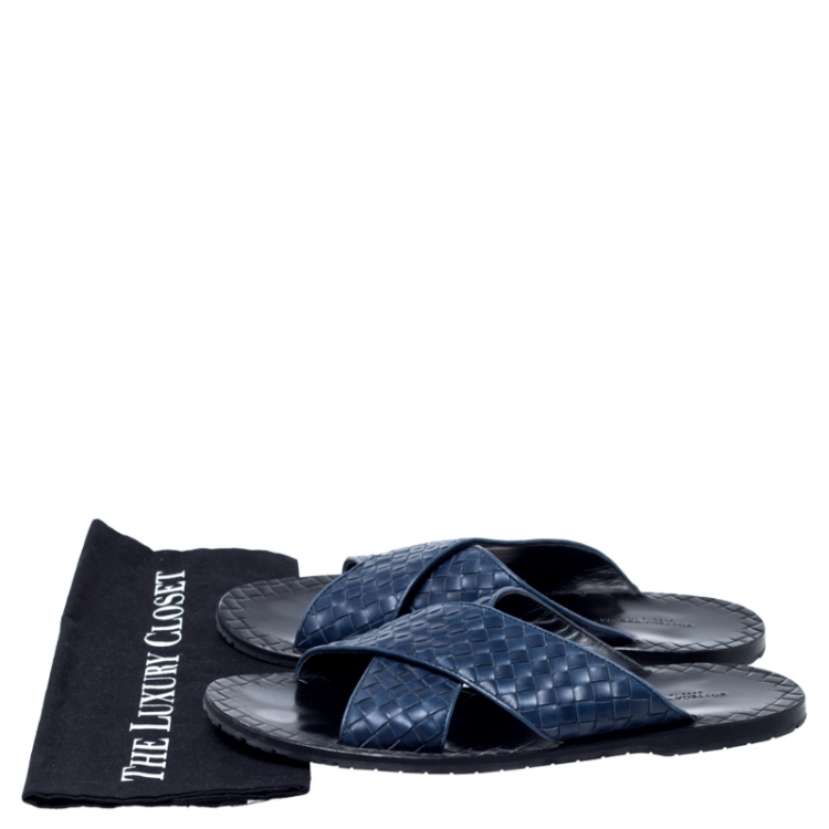 Pre Owned Bottega Veneta Blue Intreciato Leather Flat Sandals Size 43