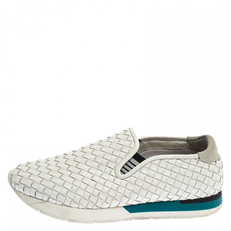 Pre Owned  Bottega Veneta White Intrecciato Leather Slip On Sneakers Size 41