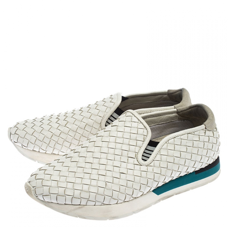 Pre Owned  Bottega Veneta White Intrecciato Leather Slip On Sneakers Size 41