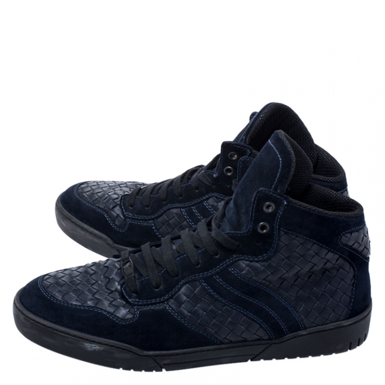 Pre Owned Bottega Veneta Blue Suede And Intrecciato Leather High Top Lace Up Sneaker Size 44
