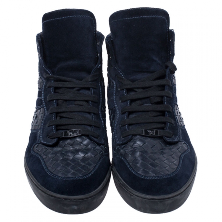 Pre Owned Bottega Veneta Blue Suede And Intrecciato Leather High Top Lace Up Sneaker Size 44