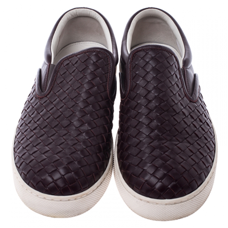 Pre Owned Bottega Veneta Burgundy Intrecciato Leather Slip On Sneakers Size 42