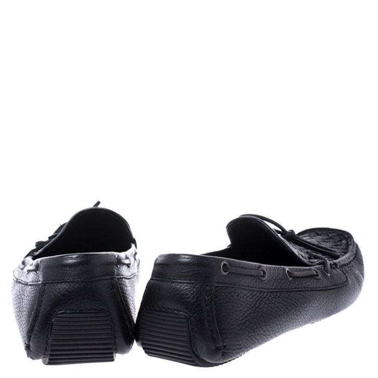 Pre Owned Bottega Veneta Black Leather Wave Driver Intrecciato Detail Moccasins Size 43