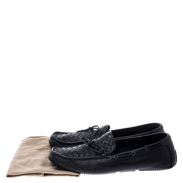 Pre Owned Bottega Veneta Black Leather Wave Driver Intrecciato Detail Moccasins Size 43