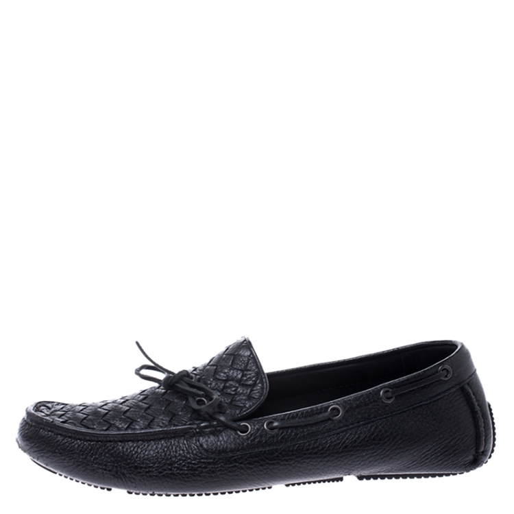 Pre Owned Bottega Veneta Black Leather Wave Driver Intrecciato Detail Moccasins Size 43