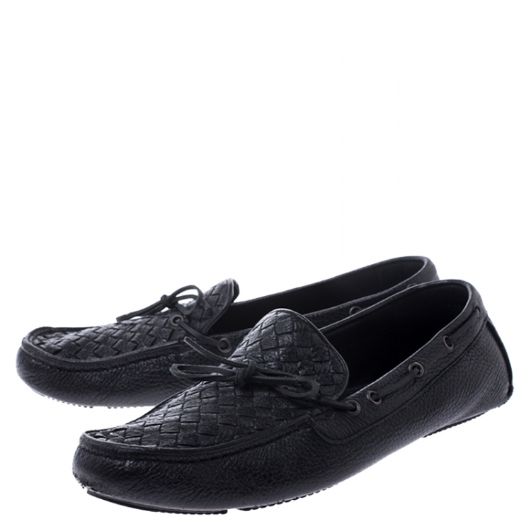 Pre Owned Bottega Veneta Black Leather Wave Driver Intrecciato Detail Moccasins Size 43