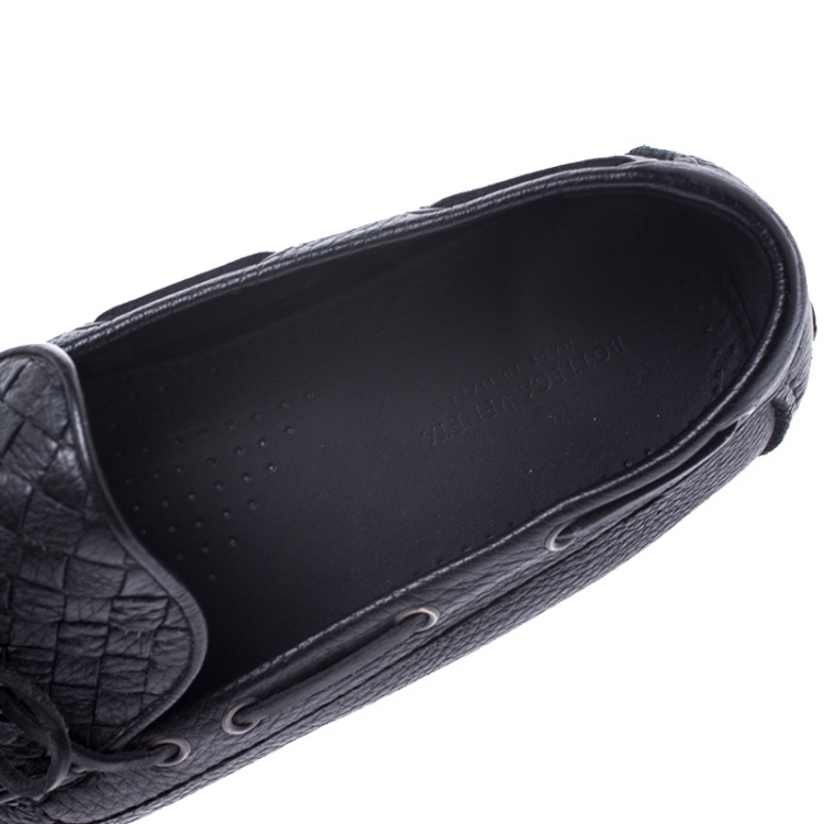 Pre Owned Bottega Veneta Black Leather Wave Driver Intrecciato Detail Moccasins Size 43