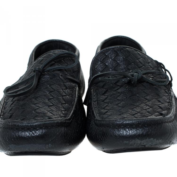 Pre Owned Bottega Veneta Black Leather Wave Driver Intrecciato Detail Moccasins Size 43