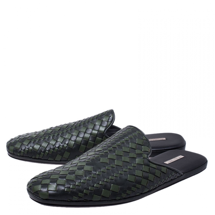 Pre Owned Bottega Veneta Green/Dark Grey Intrecciato Leather Fiandra Mules Size 42