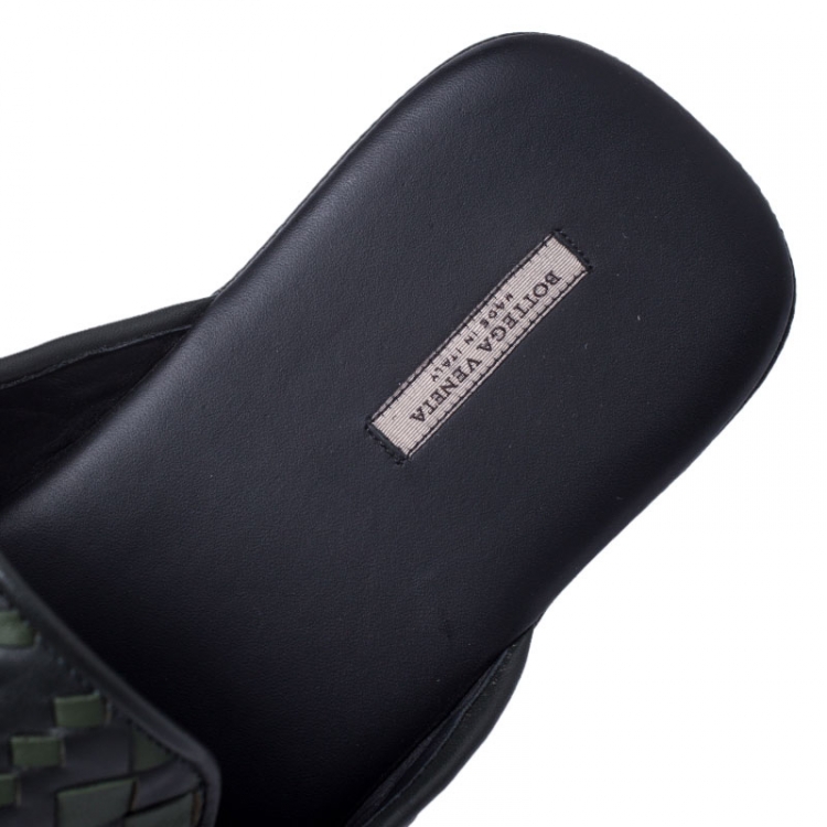 Pre Owned Bottega Veneta Green/Dark Grey Intrecciato Leather Fiandra Mules Size 42