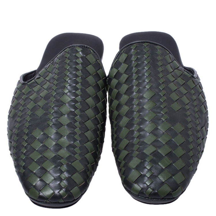 Pre Owned Bottega Veneta Green/Dark Grey Intrecciato Leather Fiandra Mules Size 42