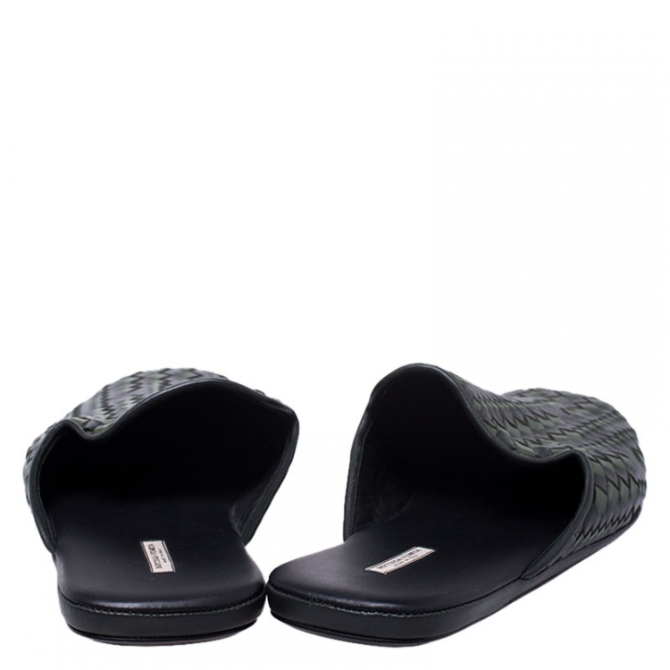 Pre Owned Bottega Veneta Green/Dark Grey Intrecciato Leather Fiandra Mules Size 42