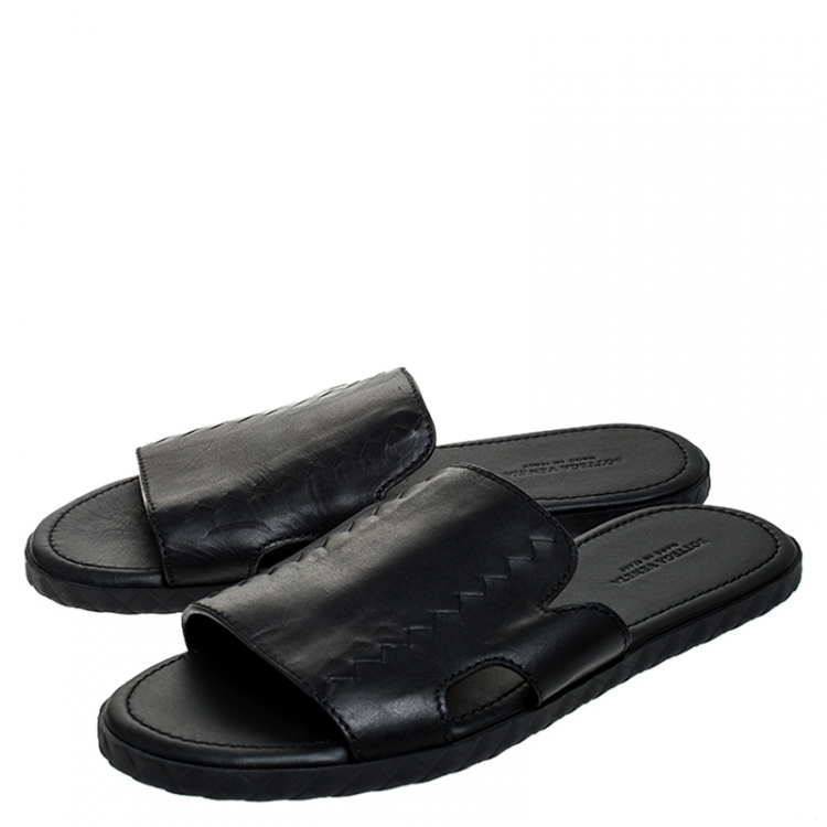 Pre Owned Bottega Veneta Black Leather Zig Zag Inlay Detail Plage Slip On Sandals Size 42