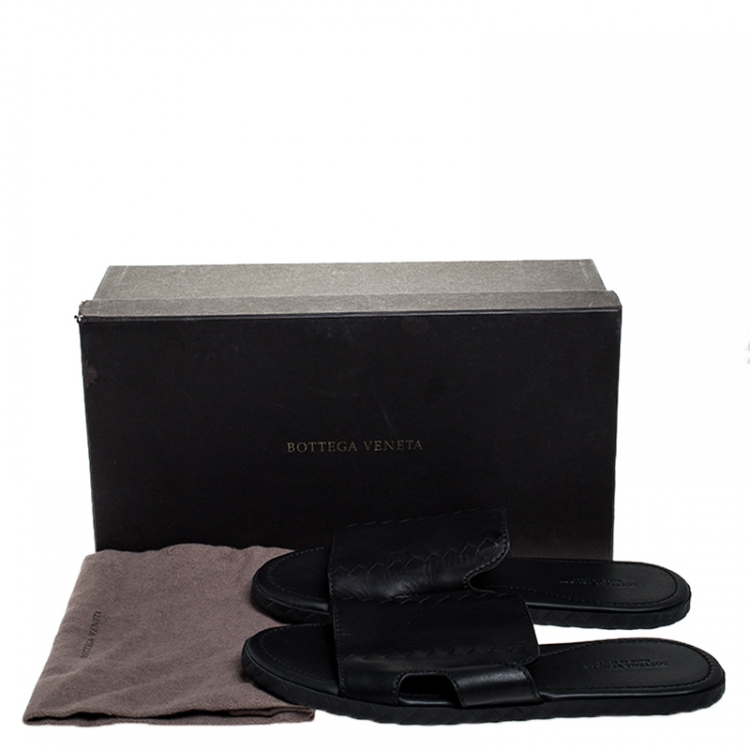 Pre Owned Bottega Veneta Black Leather Zig Zag Inlay Detail Plage Slip On Sandals Size 42