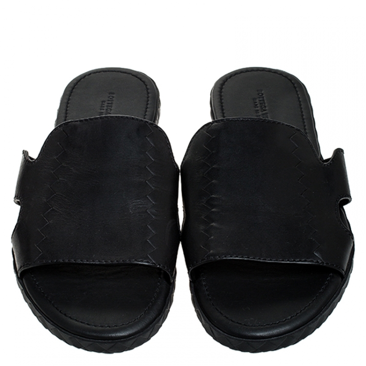 Pre Owned Bottega Veneta Black Leather Zig Zag Inlay Detail Plage Slip On Sandals Size 42