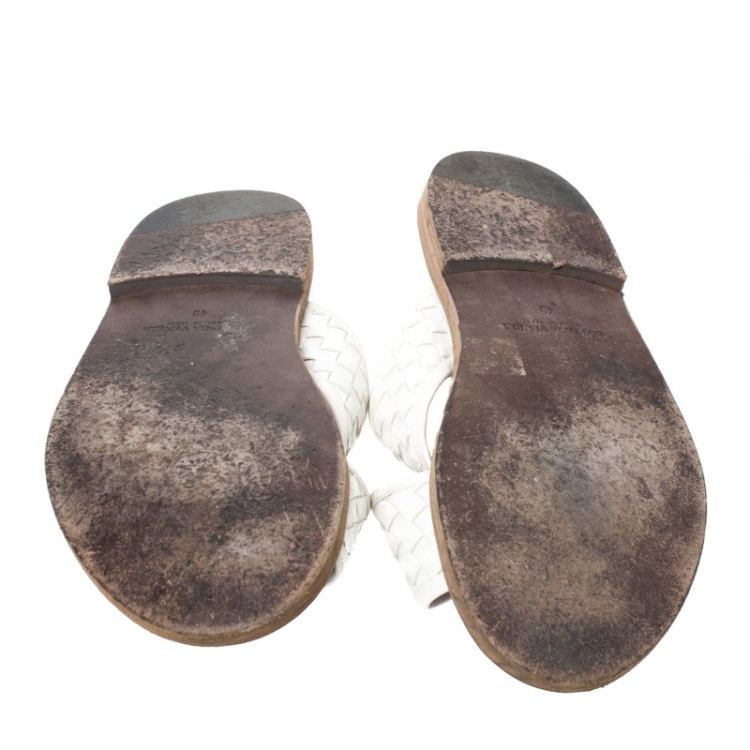 Pre Owned Bottega Veneta White Criss Cross Intrecciato Leather Flat Slides Size 43