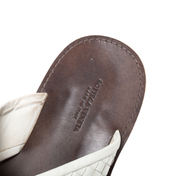 Pre Owned Bottega Veneta White Criss Cross Intrecciato Leather Flat Slides Size 43