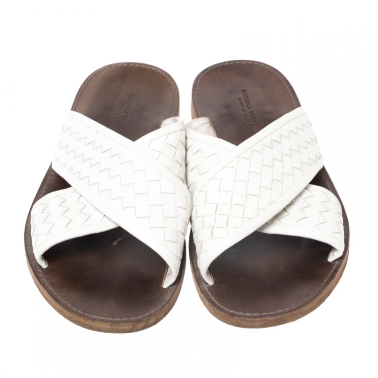 Pre Owned Bottega Veneta White Criss Cross Intrecciato Leather Flat Slides Size 43