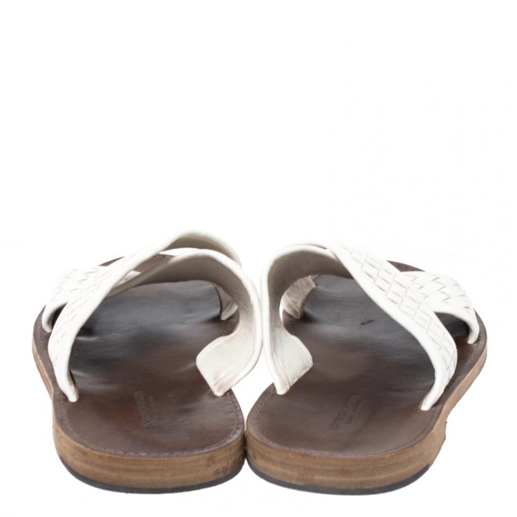 Pre Owned Bottega Veneta White Criss Cross Intrecciato Leather Flat Slides Size 43