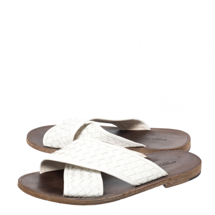 Pre Owned Bottega Veneta White Criss Cross Intrecciato Leather Flat Slides Size 43